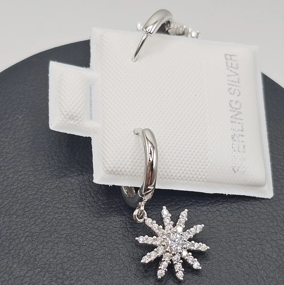 Sterling Silver 925 Rhodium Plated Sun Clear CZ Huggies Hoop Earrings